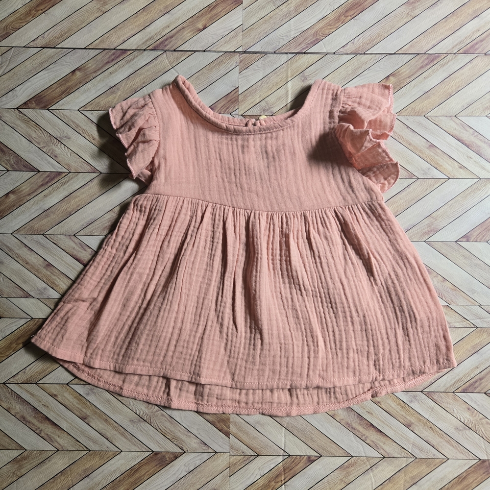 Baby Girl Pink Ruffle Sleeve Blouse Short Sleeve Flowy Gauze Linen Babydoll Top